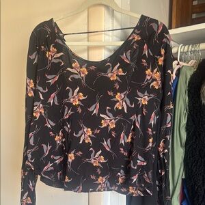 Black Floral Blouse with Scoop Neck and Long Sleeves
